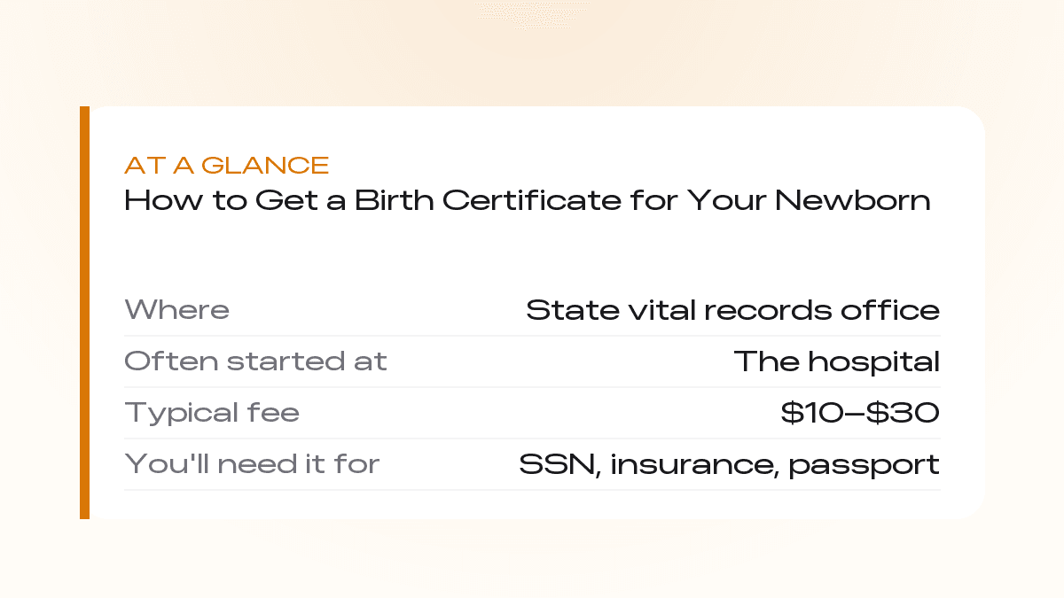 At a glance: newborn birth certificate — issued by state vital records, typical fee $10 to $30