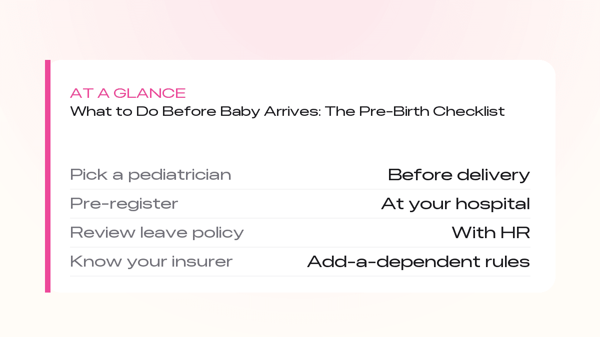 At a glance: pre-birth checklist — pick a pediatrician, pre-register at hospital, review leave